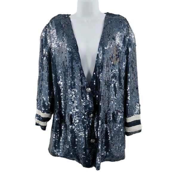 Nautical Themed Vintage Navy Blue Silk Jacket | Hand-Embellished with Beads & Se - Picture 1 of 5